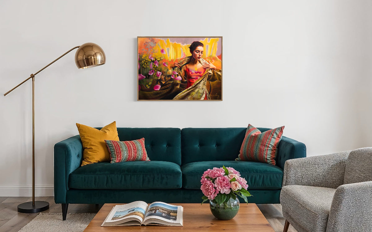 Living room with teal sofa, colorful pillows, and a painting of a woman in a sari.
