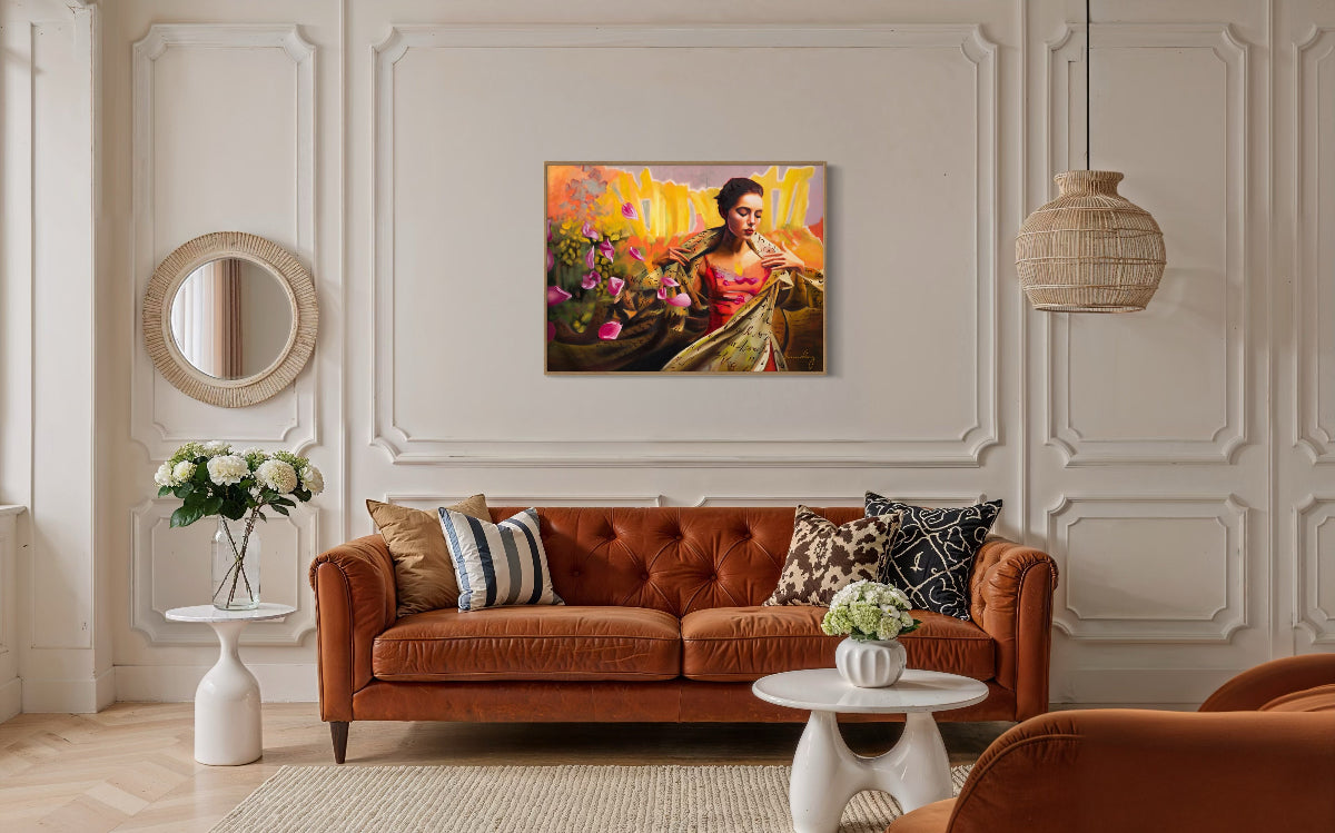 Living room with a brown sofa, decorative pillows, and a wall painting of a woman holding flowers.