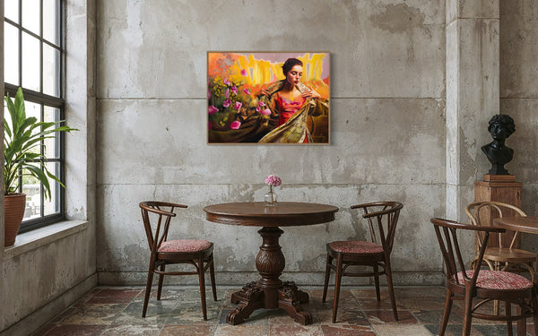 Room with a round wooden table and chairs, featuring a large painting of a woman on the wall.