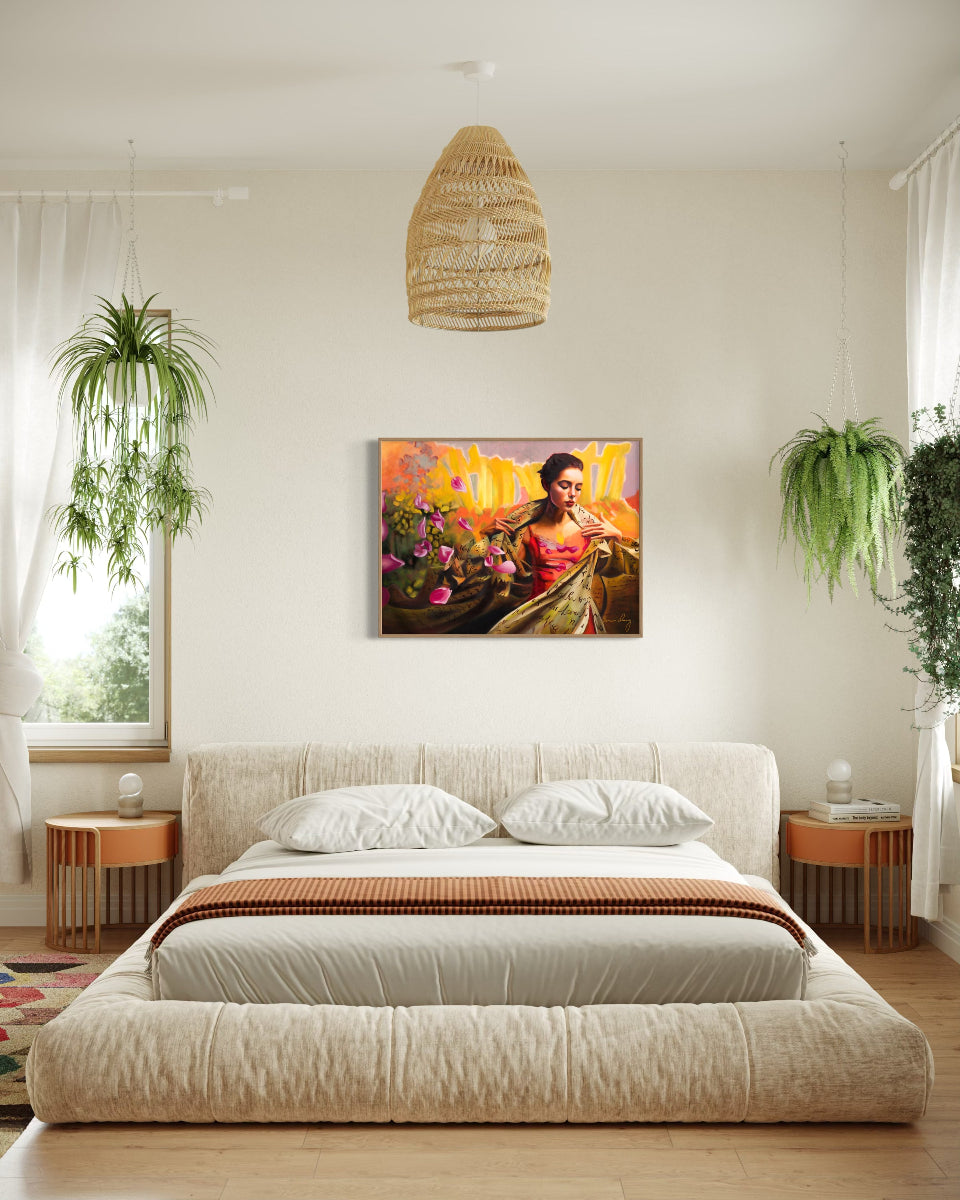 Modern bedroom with a bed, side tables, and a wall painting of a woman.
