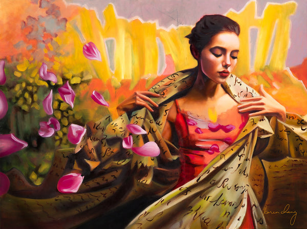 Woman holding a patterned fabric with flowers and text, surrounded by floral elements.