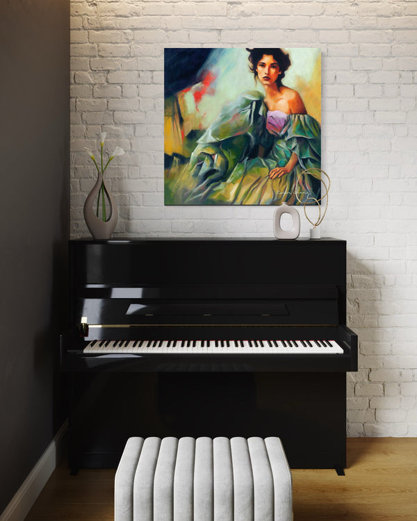 Black piano in a room with a painting of a woman on the wall.