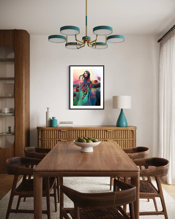 Dining room with wooden table and chairs, framed artwork on the wall, and a chandelier.