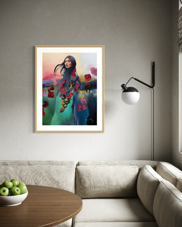 Framed artwork of a woman with flowers in a modern living room.