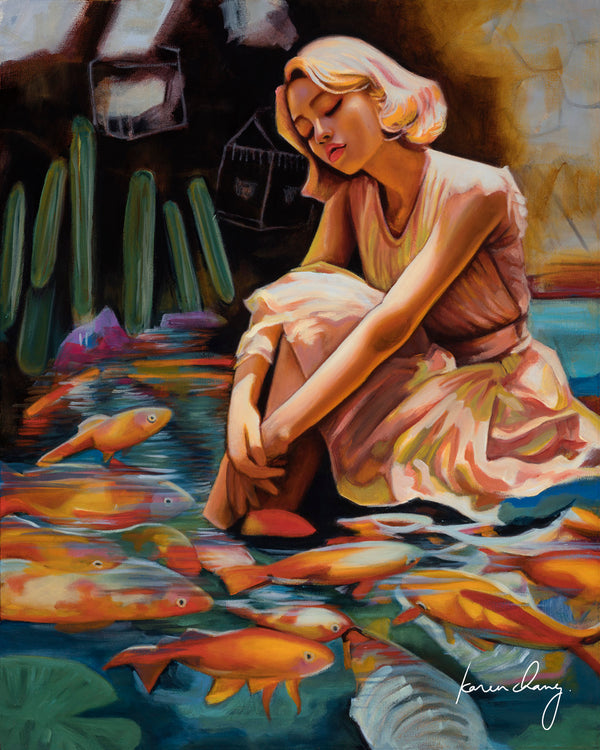 Artistic depiction of a woman sitting by a fish tank with goldfish.