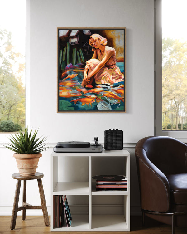 Living room with a painting of a woman by a pond, a record player, and a chair.