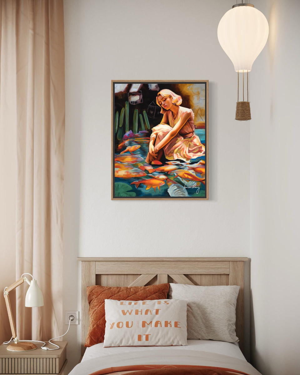 Bedroom with a painting of a woman by a pond on the wall above a bed.