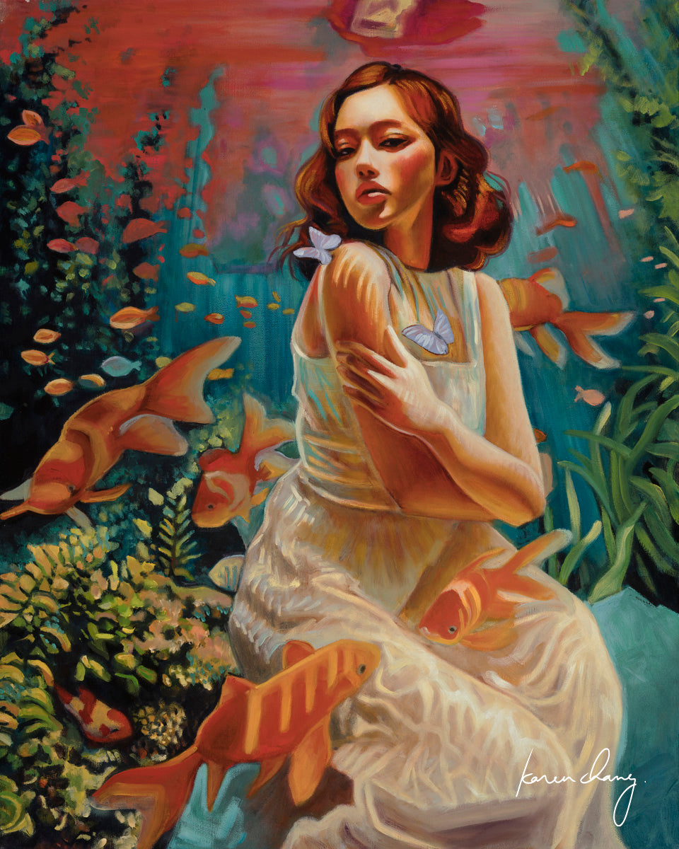 Woman in a garden with goldfish and butterflies, artistic style