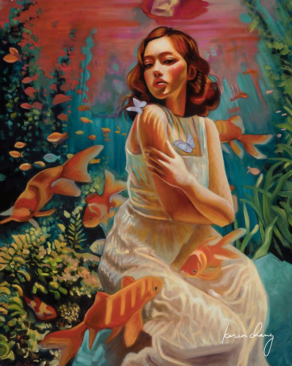 Woman in a garden with goldfish and butterflies, artistic style