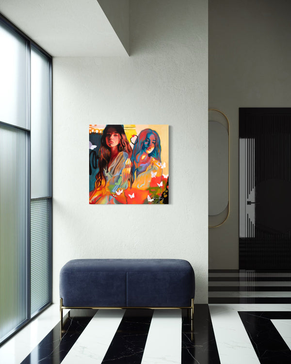 Colorful abstract painting on a wall above a blue bench in a modern interior setting.