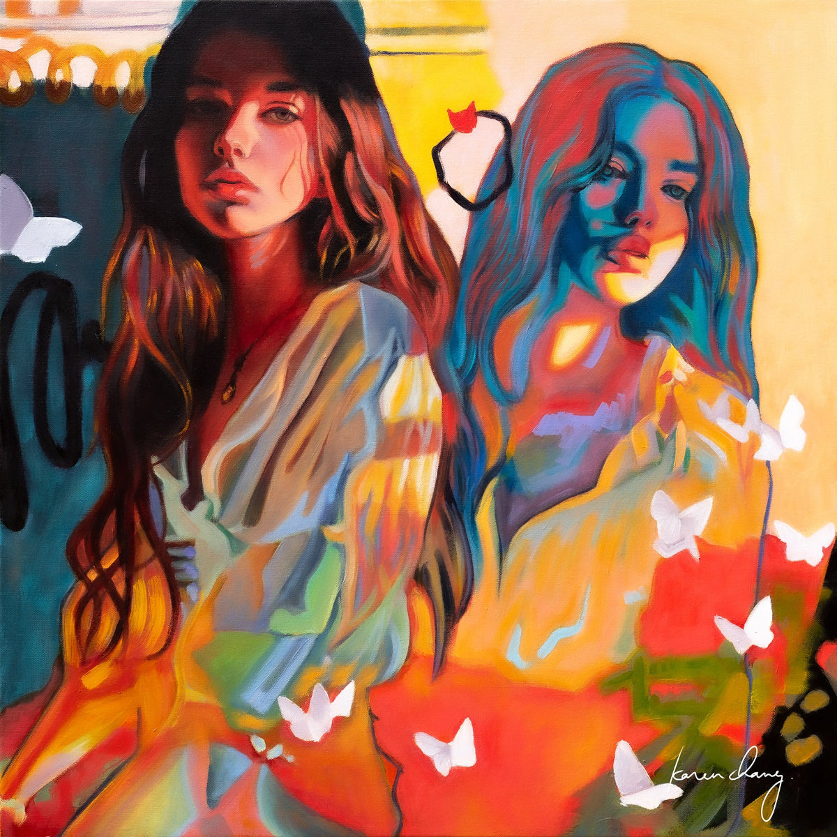 Colorful artwork of two women with butterflies and abstract elements.