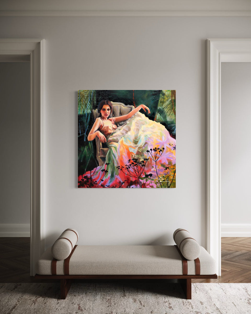 Colorful painting of a woman in a flowing dress on a wall above a bench.