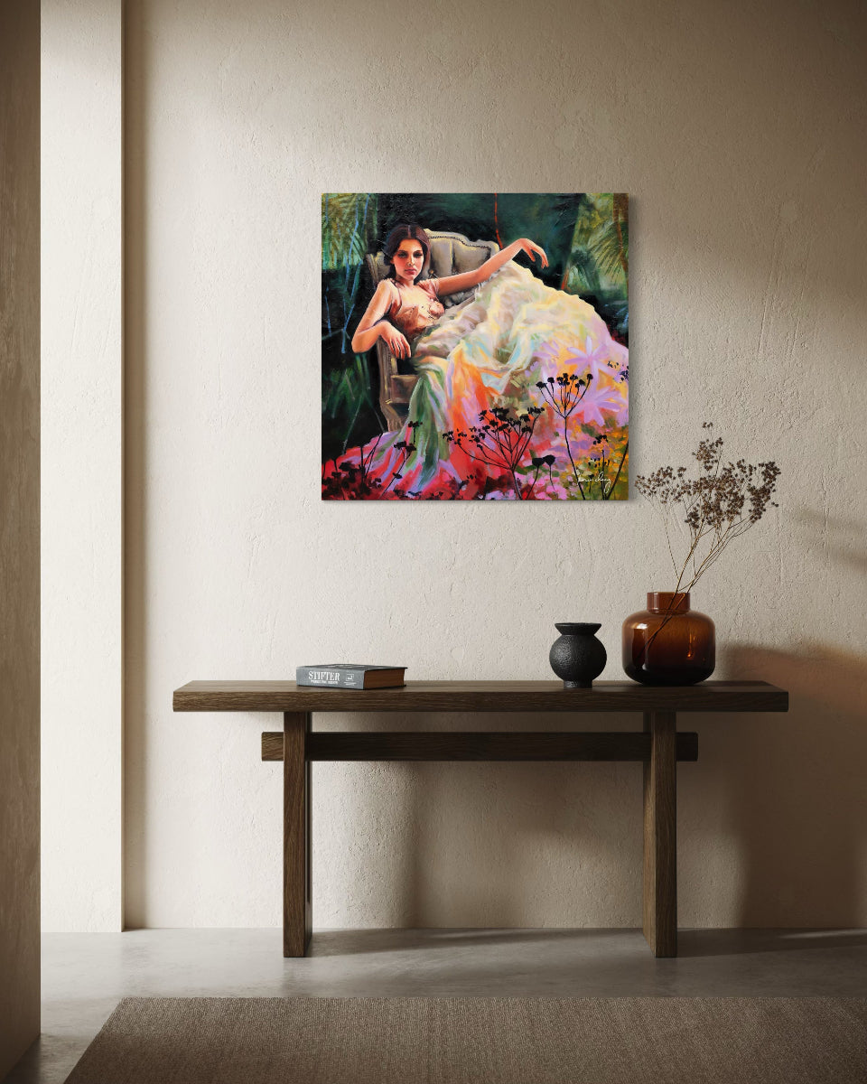 Artistic depiction of a woman in a chair with flowers on a wall above a wooden table.