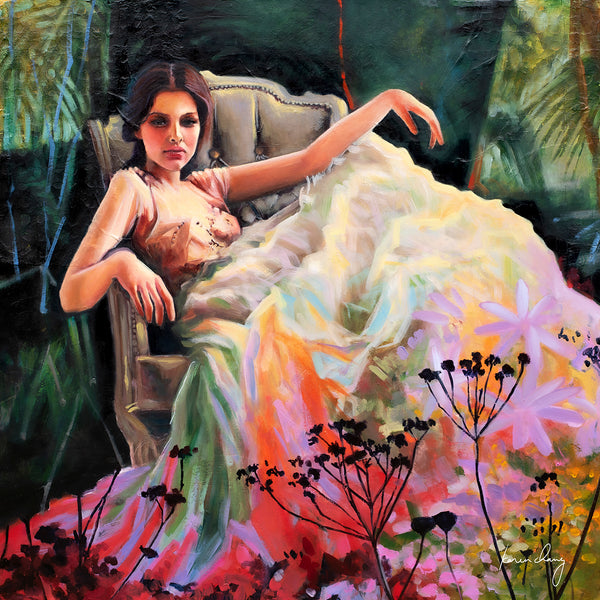 Artistic depiction of a woman in a garden with flowers and plants.