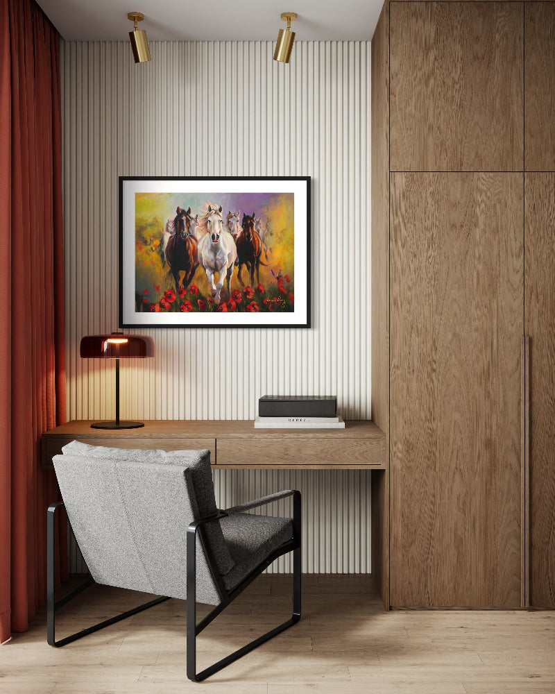 Modern interior with a desk, chair, and framed artwork of horses on a wall.