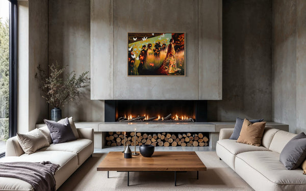 Modern living room with a fireplace, artwork, and comfortable seating.