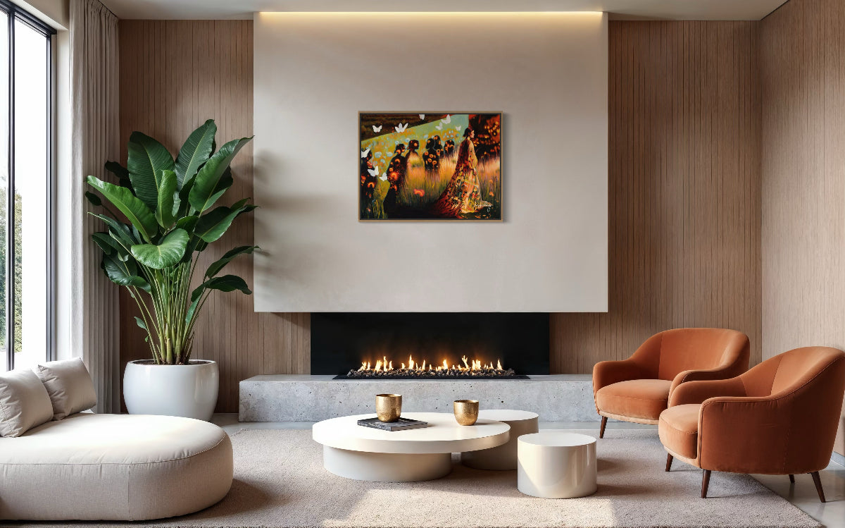 Modern living room with a fireplace, orange chairs, and a painting on the wall.
