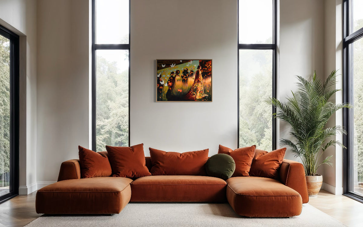 Orange sectional sofa in a modern living room with large windows and a painting on the wall.