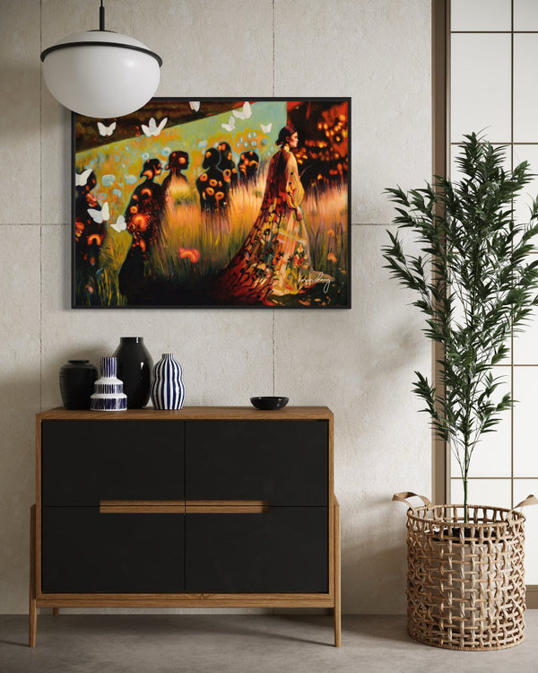 Decorative painting on a wall above a wooden cabinet with decorative items.