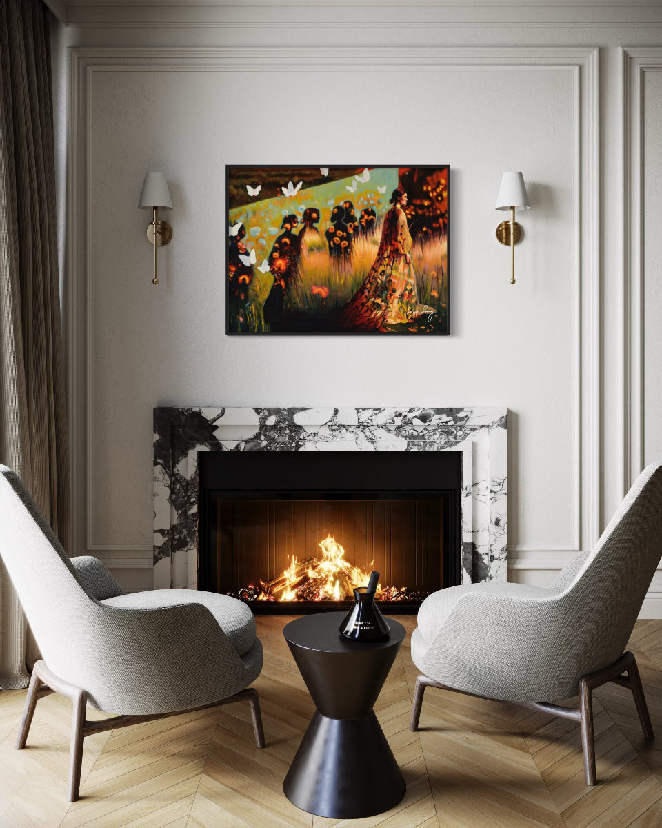 Modern living room with a fireplace, two chairs, and a decorative painting on the wall.