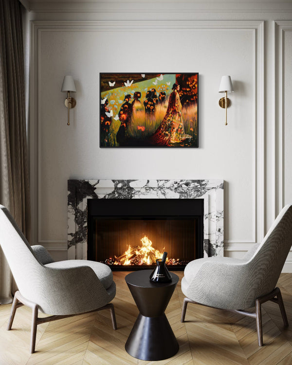 Modern living room with a fireplace, two chairs, and a decorative painting on the wall.