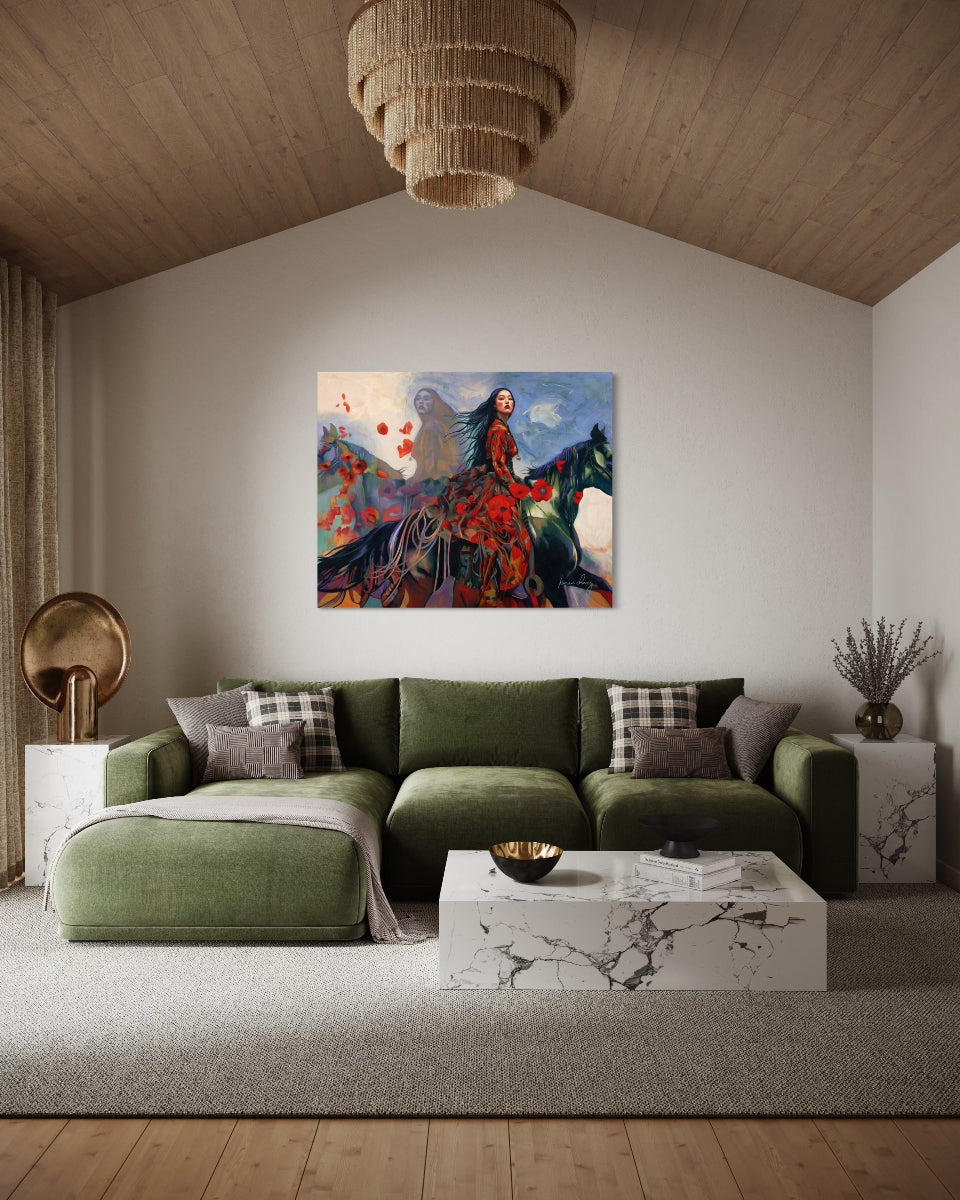 Modern living room with a green sofa, marble coffee table, and abstract painting on the wall.