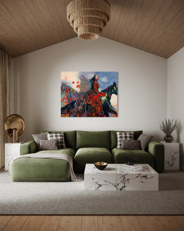 Modern living room with a green sofa, marble coffee table, and abstract painting on the wall.