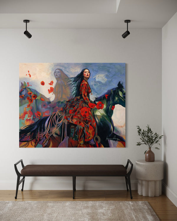 Colorful painting of a woman on horseback in a modern living room.