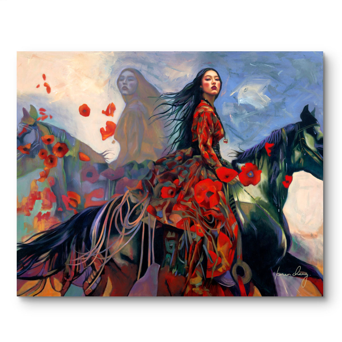 Artistic depiction of a woman riding a horse with red flowers, set against a colorful background.