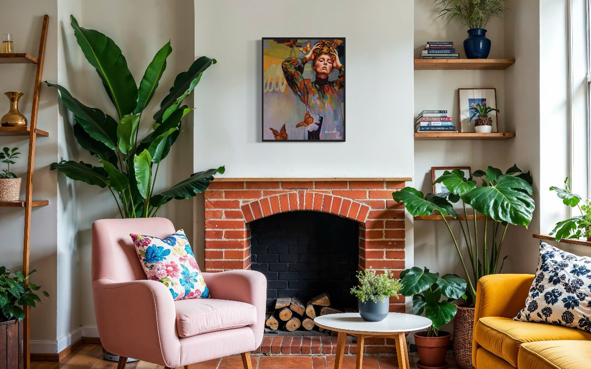 Living room with pink armchair, yellow sofa, and brick fireplace.