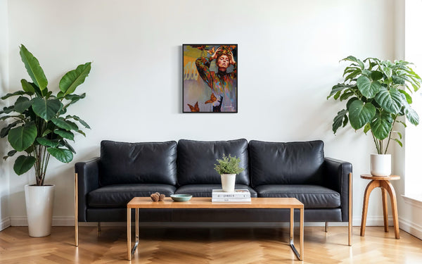 Modern living room with a black leather sofa, wooden coffee table, and decorative plants.