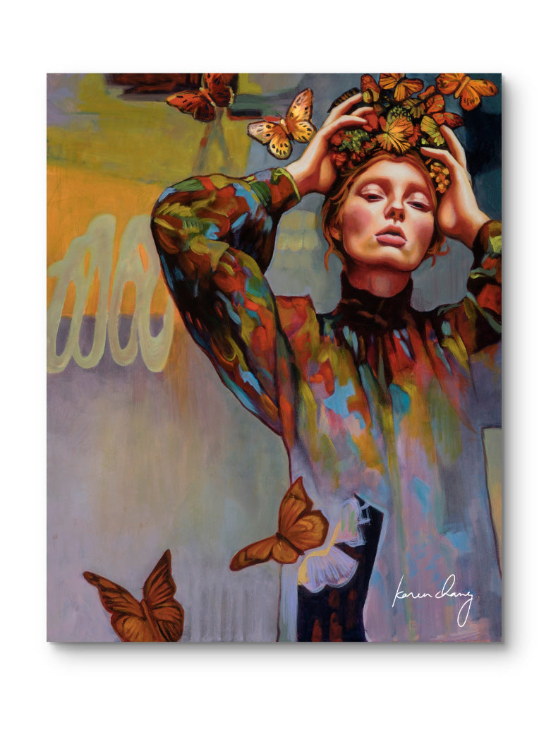 Colorful painting of a woman with butterflies and floral headpiece on a white background