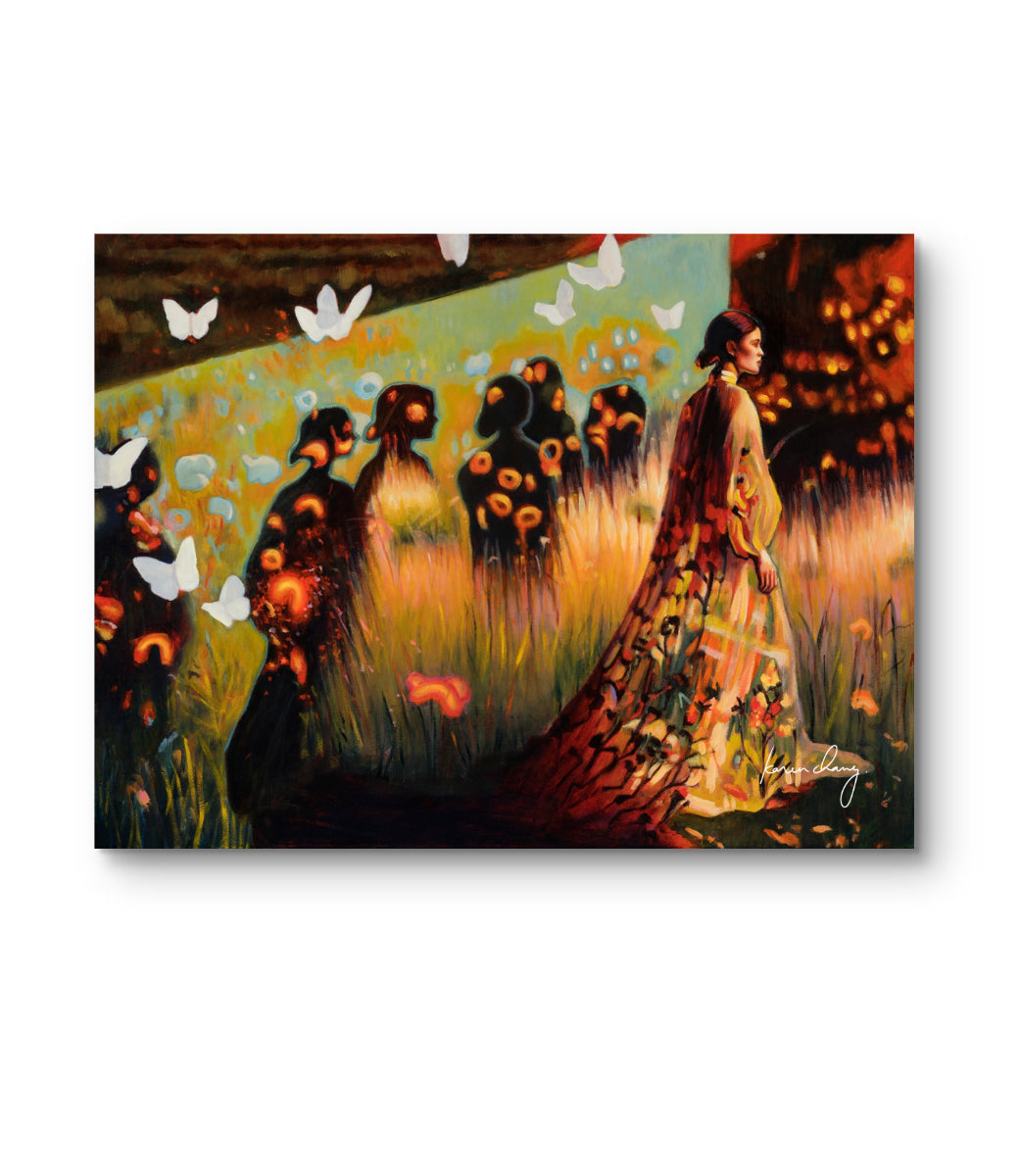 Artistic depiction of three figures in a field with flowers and butterflies