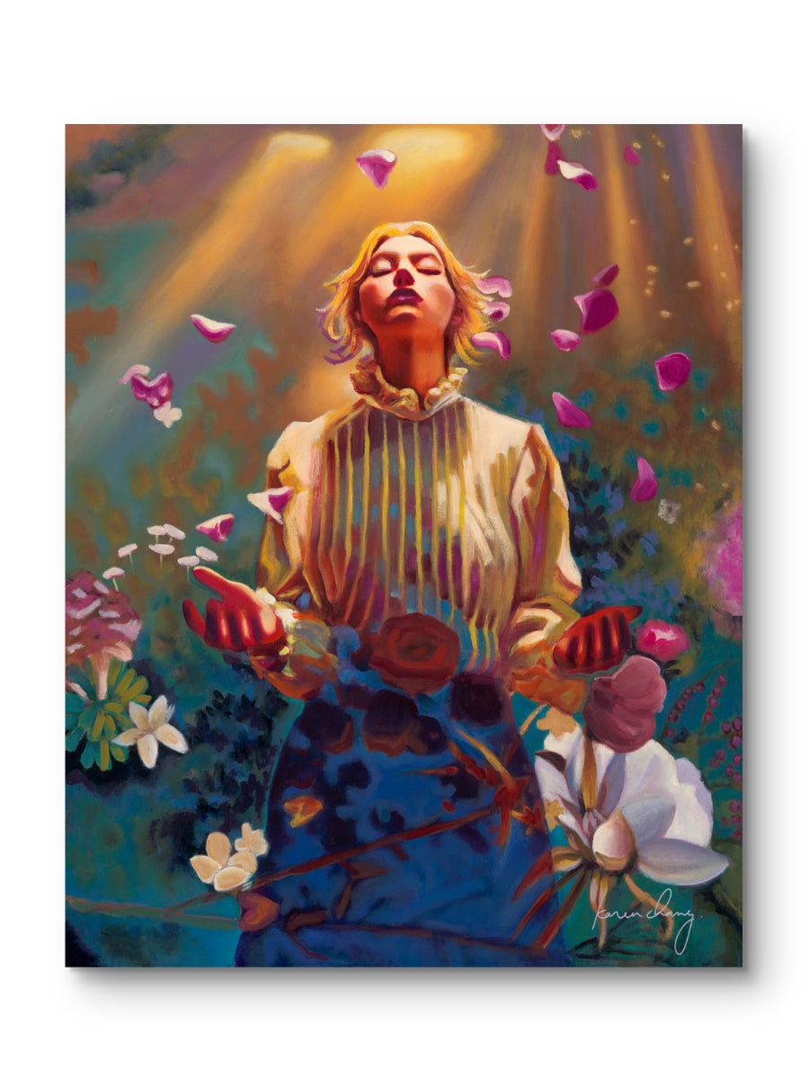 Colorful painting of a woman surrounded by flowers and butterflies with a soft focus background.