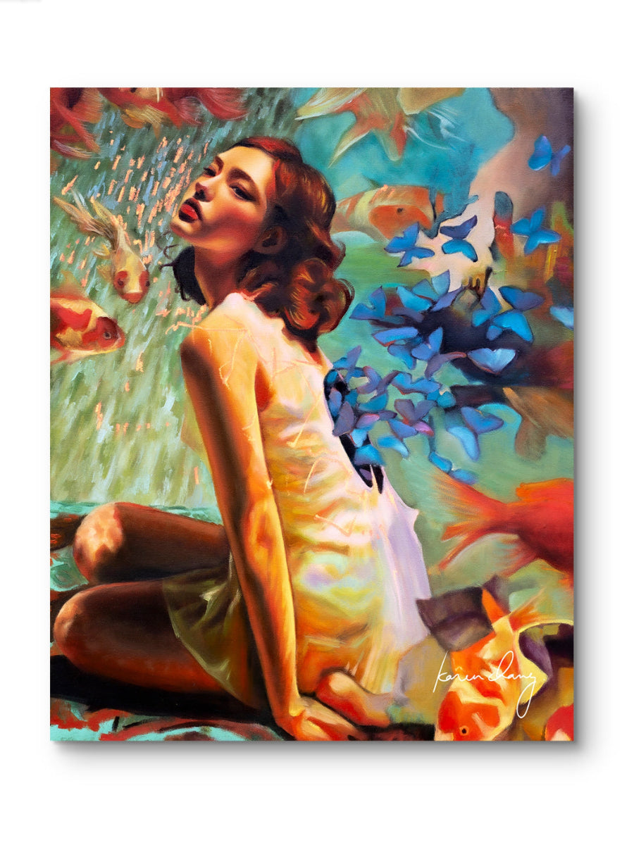 Artistic depiction of a woman in a swimsuit surrounded by fish in an underwater scene.