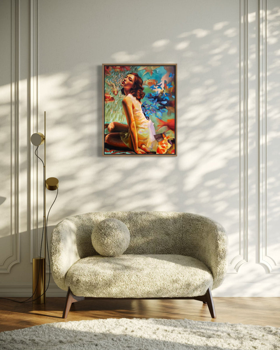 Modern living room with a textured sofa, decorative pillow, and colorful abstract painting on the wall.