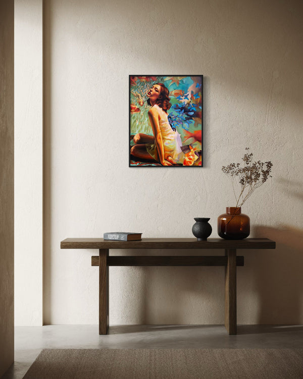 Framed artwork above a wooden console table with decorative items.