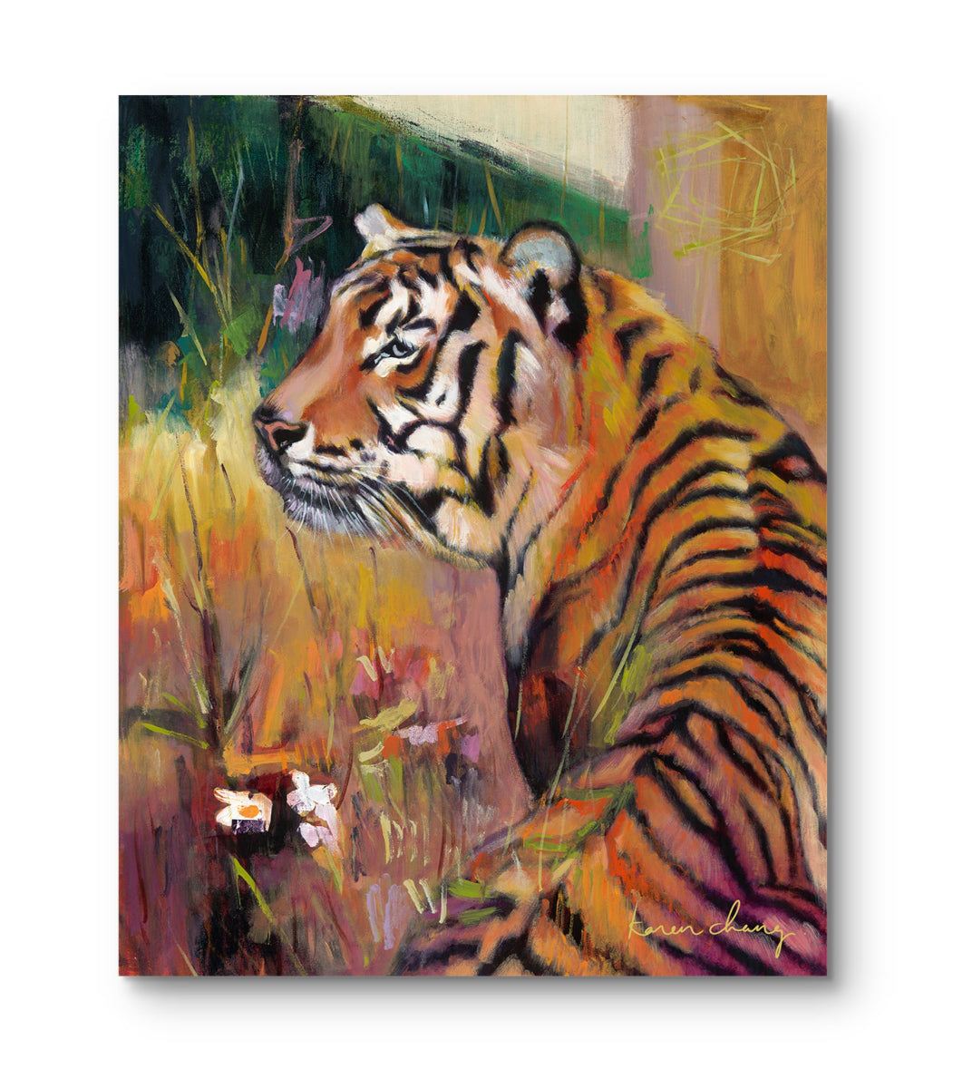 Painting of a tiger in a natural setting with vibrant colors