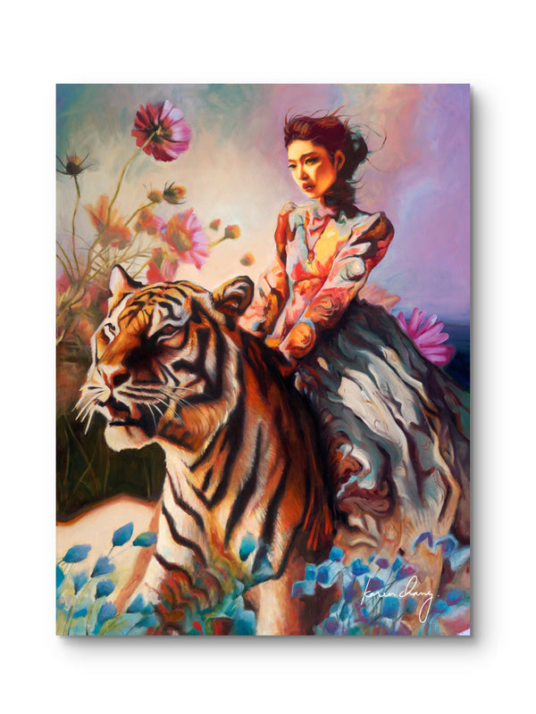 Painting of a woman riding a tiger with flowers and butterflies in the background