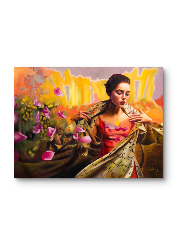 Painting of a woman with flowers and a snake on a white background