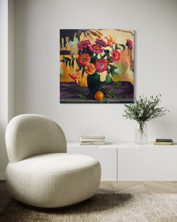 Modern interior with a textured chair, white cabinet, and floral painting on a wall.