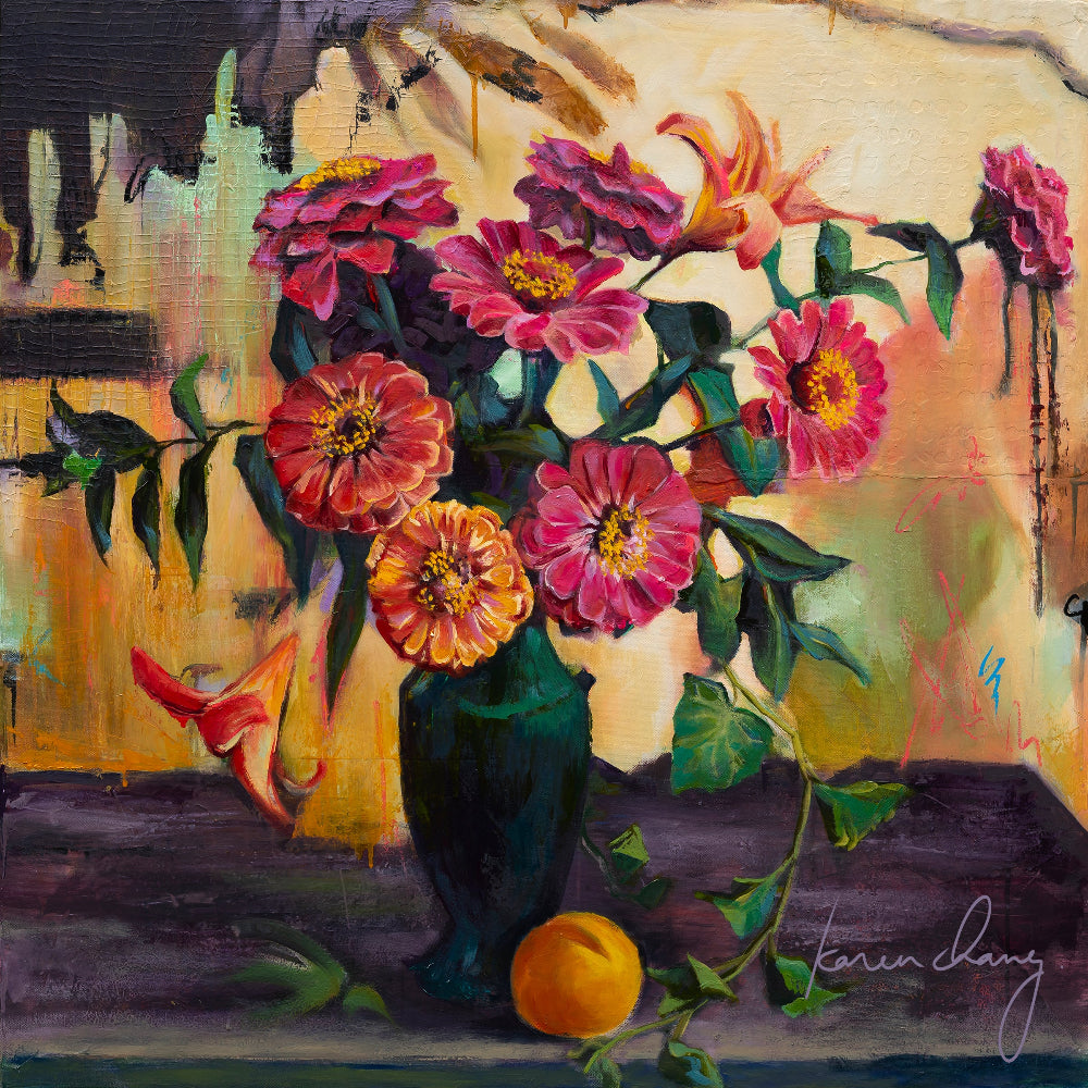 Painting of a vase with colorful flowers and an orange on a textured background