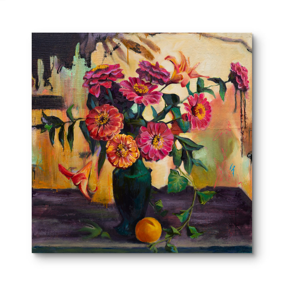 Painting of flowers in a vase with a colorful background