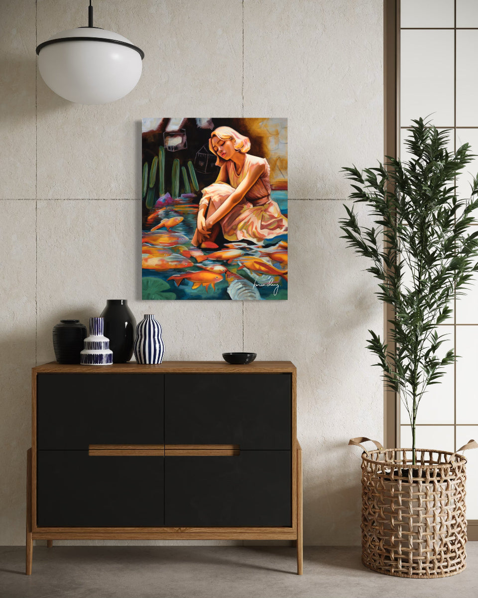Modern interior with a black and wood dresser, decorative vases, and a colorful painting of a woman sitting by water.