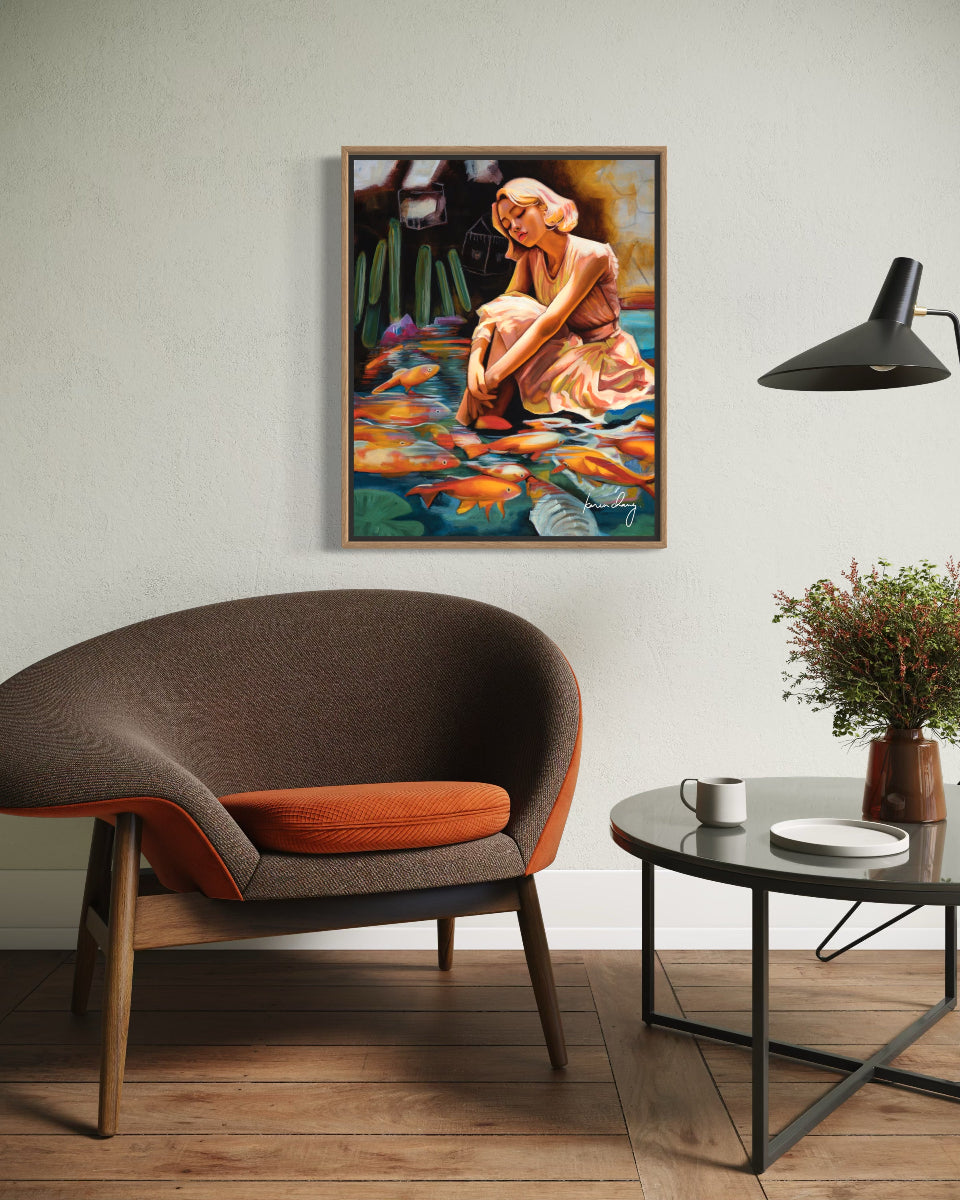 Modern living room with a brown and orange chair, coffee table, and decorative painting on the wall.