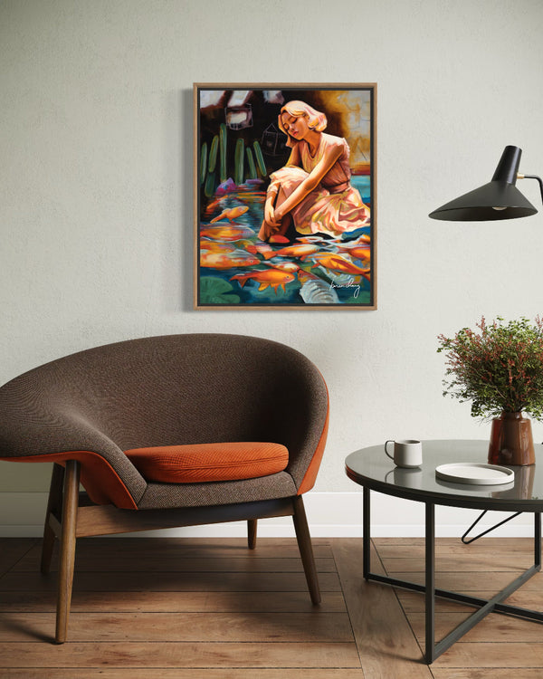 Modern living room with a brown and orange chair, coffee table, and decorative painting on the wall.