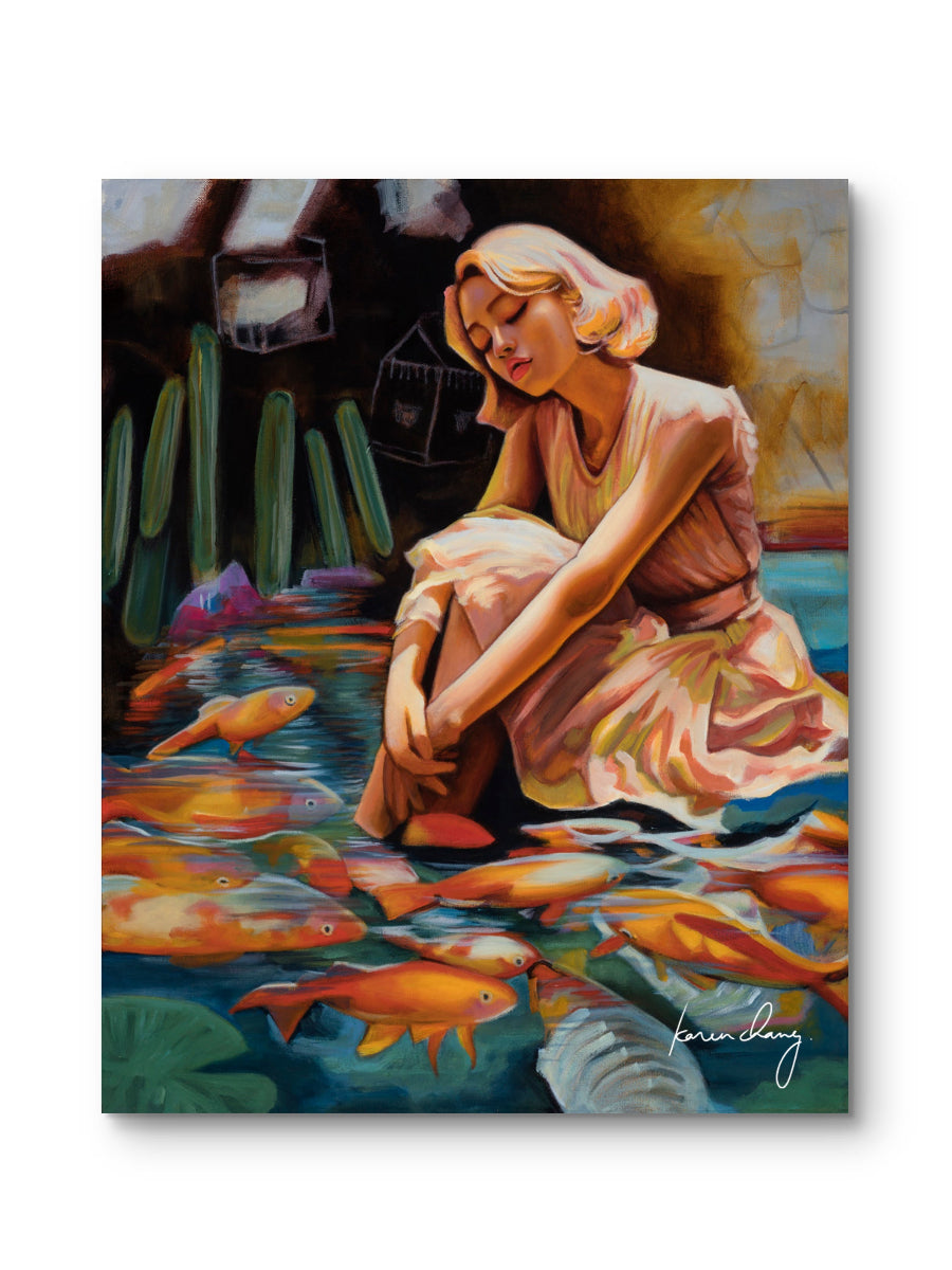 Painting of a woman sitting by a pond with goldfish