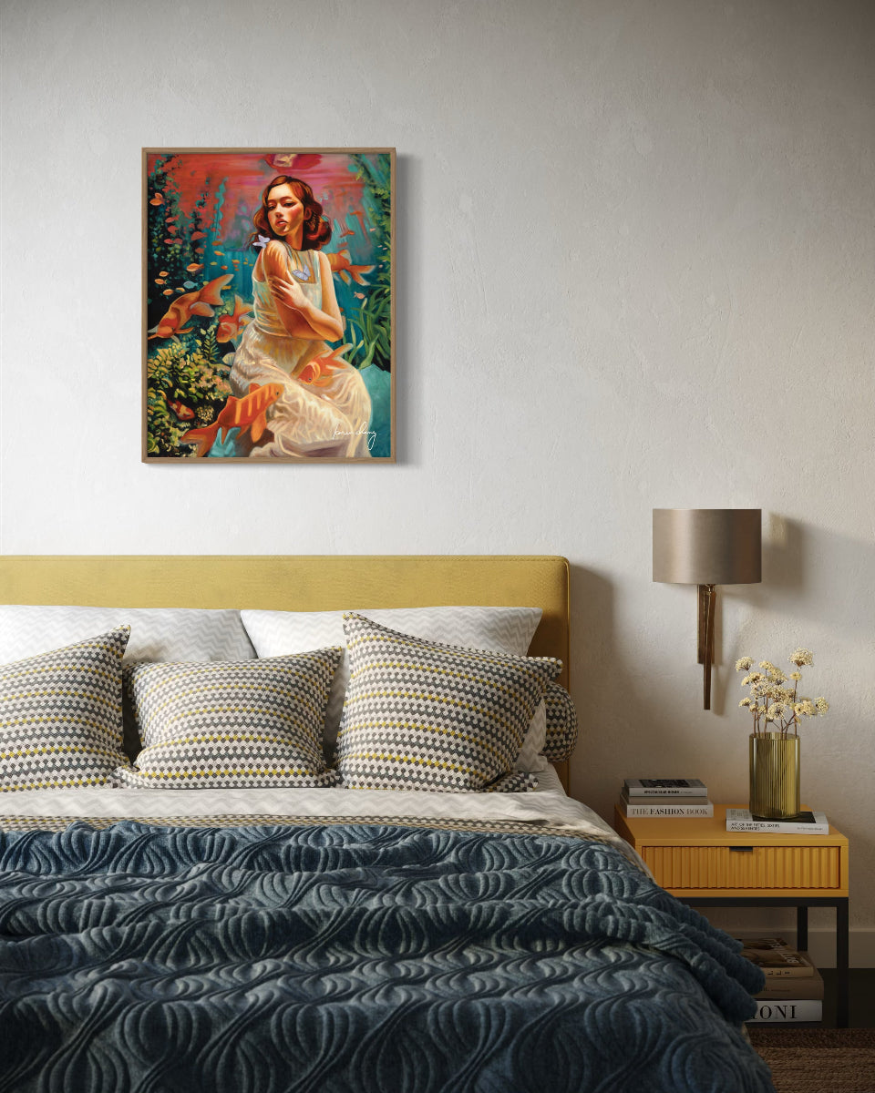 Bedroom with a colorful painting of a woman with fish on the wall above the bed.