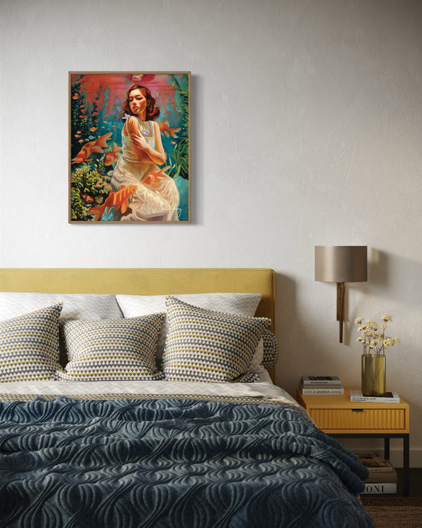 Bedroom with a colorful painting of a woman with fish on the wall above the bed.