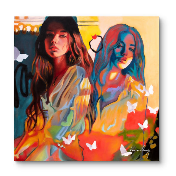 Colorful abstract painting of two women with butterflies on a white background